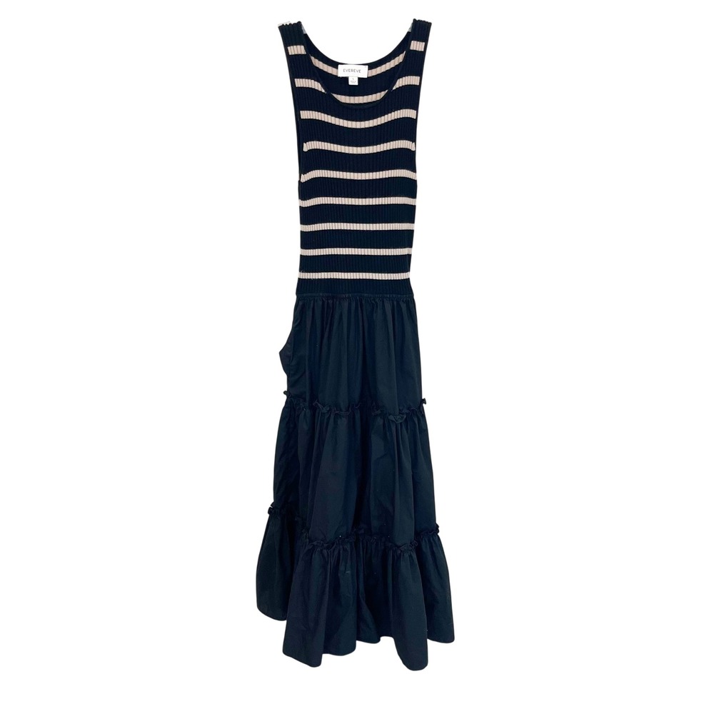 Evereve Striped Ribbed Mixed Media Tiered Maxi Dress Black Tan‎ Pockets SMALL